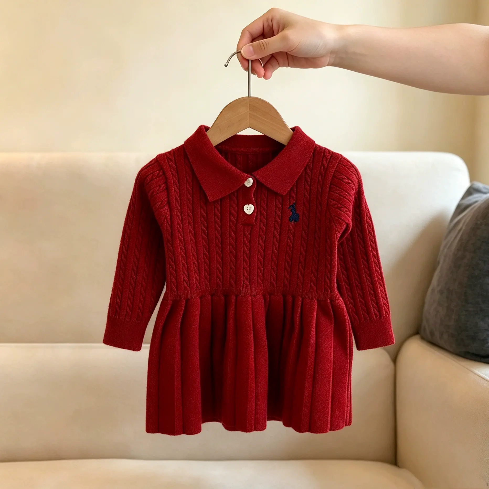 幼児用ハートボタン付きケーブルニット長袖Dress - 赤 - 4～5歳 - image 4