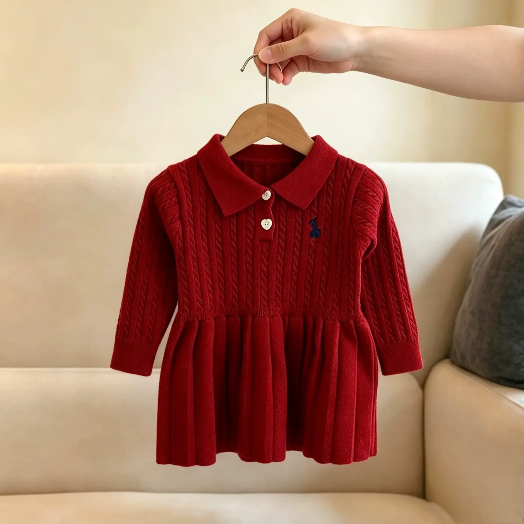 幼児用ハートボタン付きケーブルニット長袖Dress - 赤 - 4～5歳 - image 4