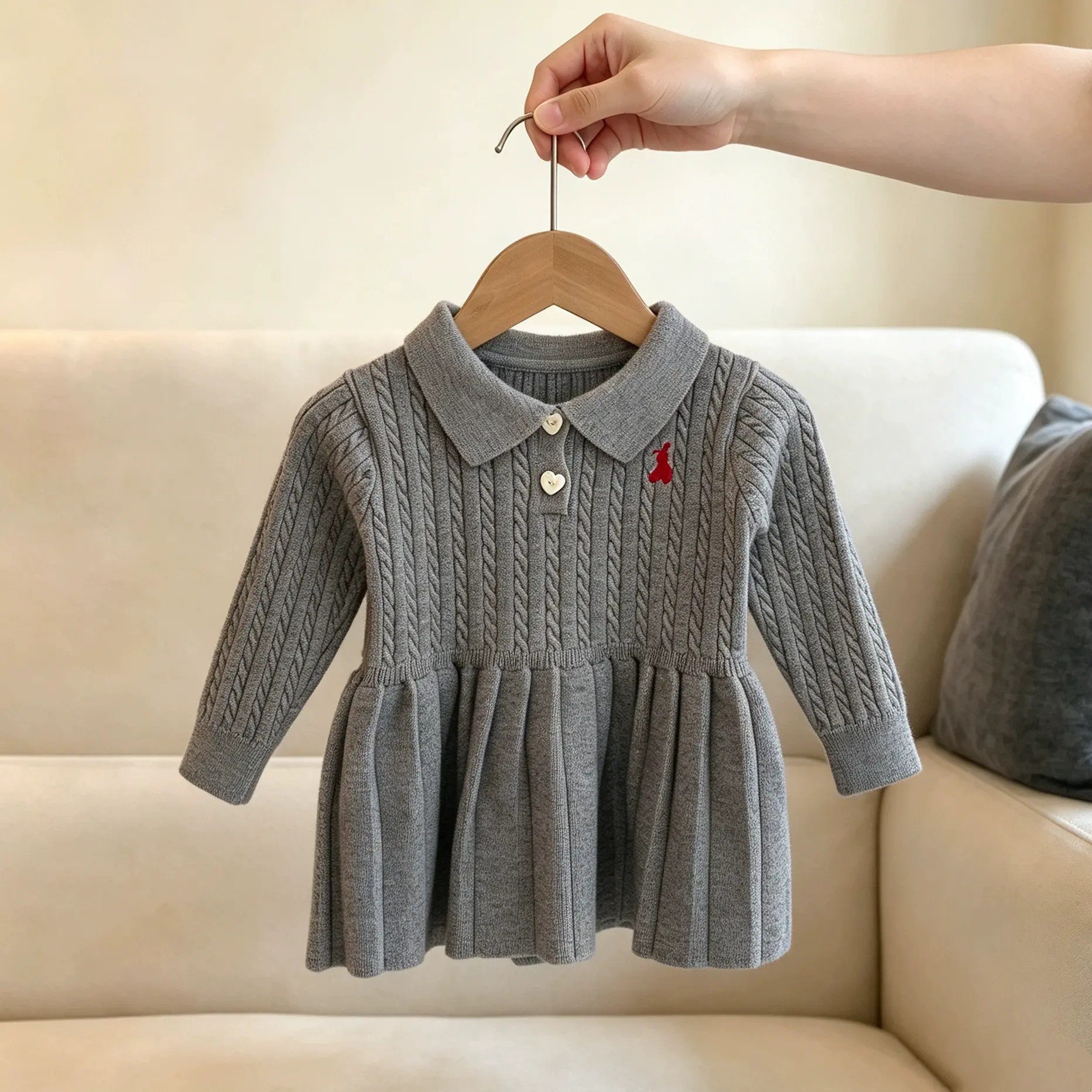 幼児用ハートボタン付きケーブルニット長袖Dress - グレー - 4～5歳 - image 5