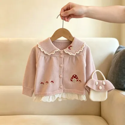 幼児用女の子向けマッシュルーム柄レーストリムニットカーディガン（バッグ付き） - ピンク - 6～7歳 - image 1