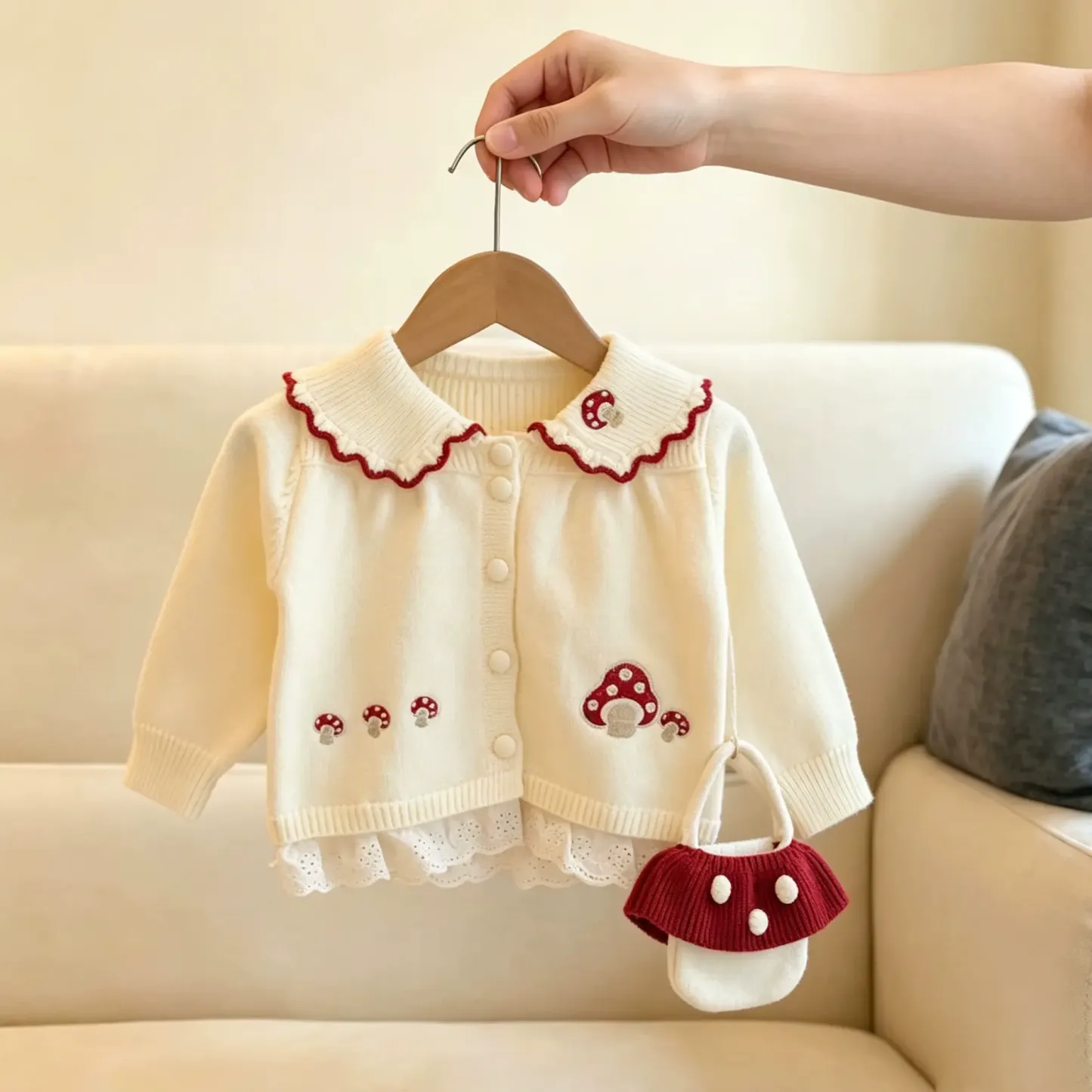 幼児用女の子向けマッシュルーム柄レーストリムニットカーディガン（バッグ付き） - 白 - 6～7歳 - image 3
