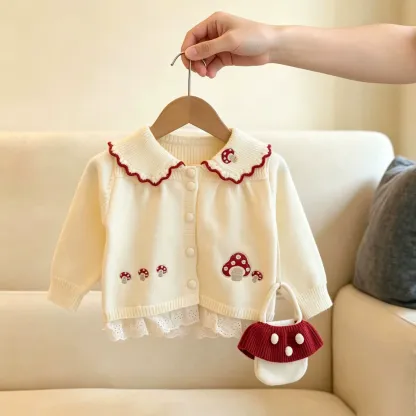 幼児用女の子向けマッシュルーム柄レーストリムニットカーディガン（バッグ付き） - 白 - 6～7歳 - image 3