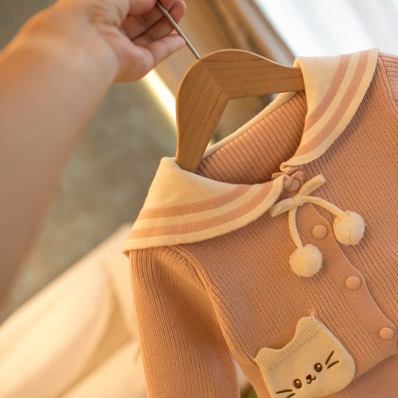 幼児用女の子向け猫柄ポケット付きセーラーカラーニットDress - image 4