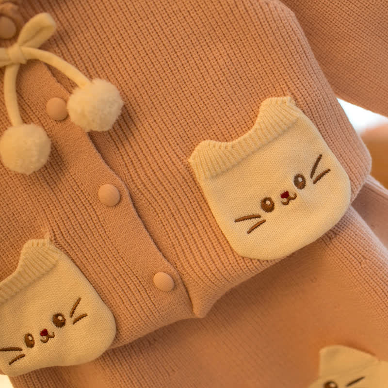 幼児用女の子向け猫柄ポケット付きセーラーカラーニットDress - image 6