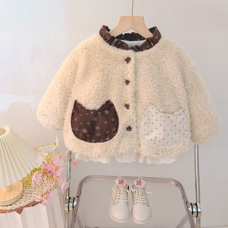 幼児・女の子用コントラストカラーの猫柄ポケット付きペプラムジャケット - ベージュ - 4～5歳 - image 1
