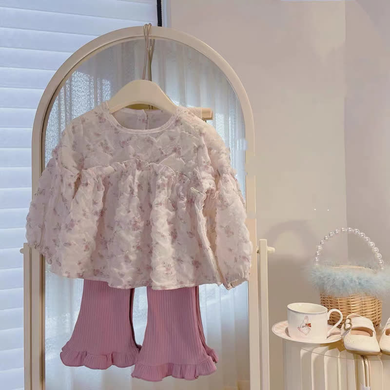 幼児用女の子向け花柄パフスリーブトップス＆パンツ2点セット - ピンク - 8-9T - image 1