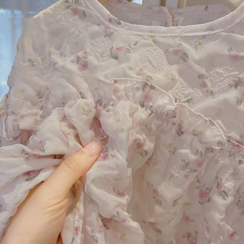 幼児用女の子向け花柄パフスリーブトップス＆パンツ2点セット - image 3