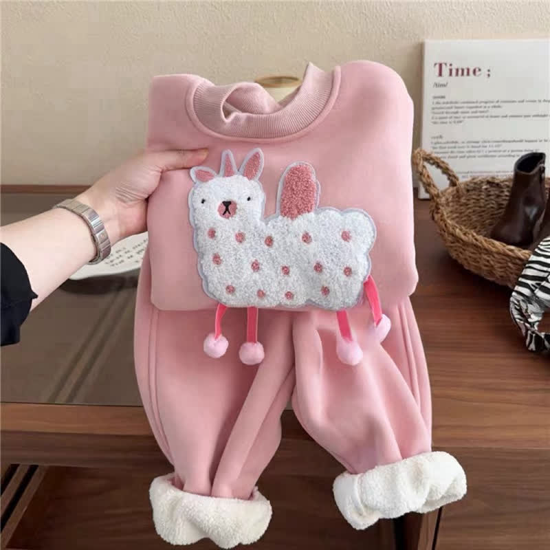幼児用ピンクのぬいぐるみラム柄スウェットシャツとパンツの2点セット - image 1