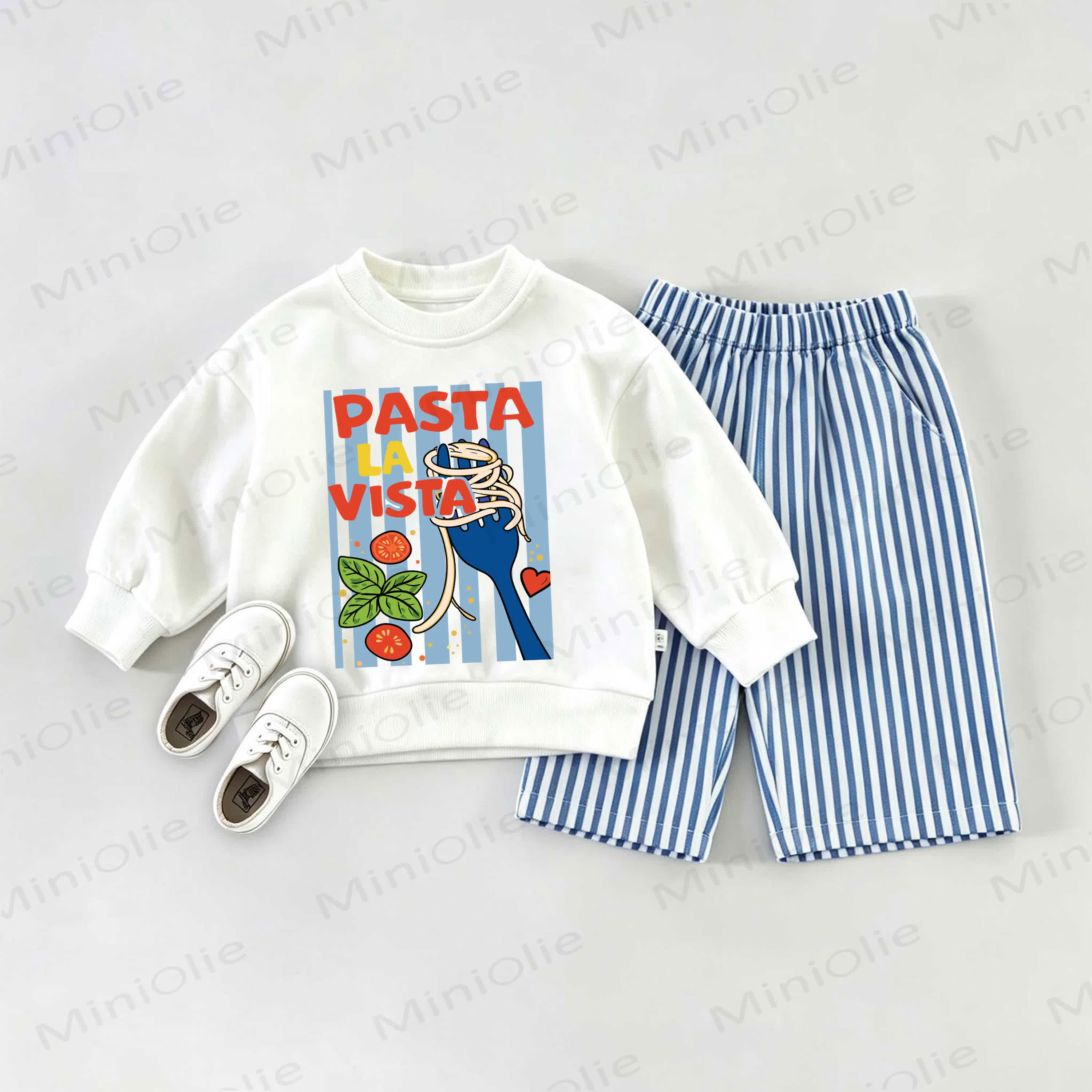 PASTA LA VISTAベビーパスタ柄スウェットシャツとストライプパンツのセット - ホワイト＆ブルー - 2～3歳 - image 1