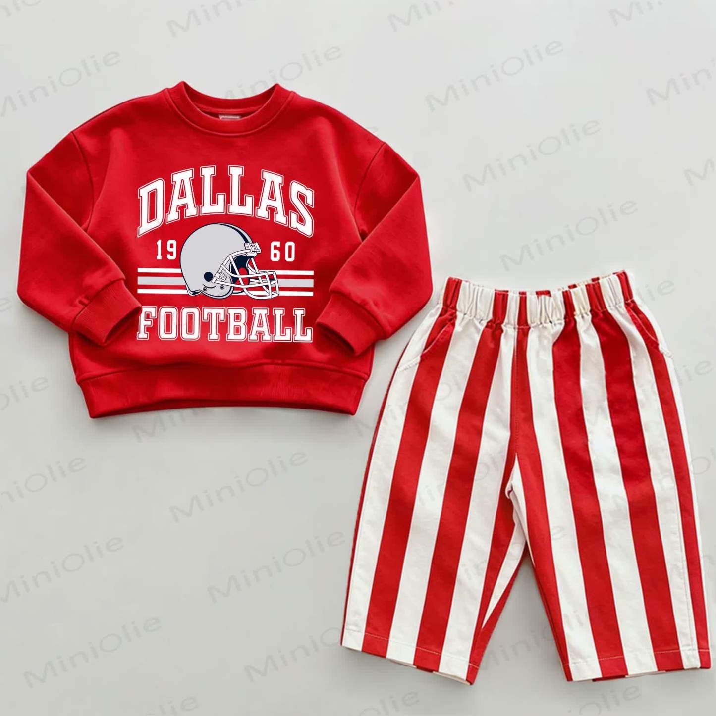 DALLAS FOOTBALLベビー用フットボールヘルメット、スウェットシャツ、ストライプパンツの2点セット - 白と赤 - 2～3歳 - image 1