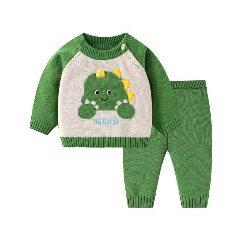DINOSAUR柄ベビーニットセーター＆パンツ 2点セット - 緑 - 12～24ヶ月 - image 1