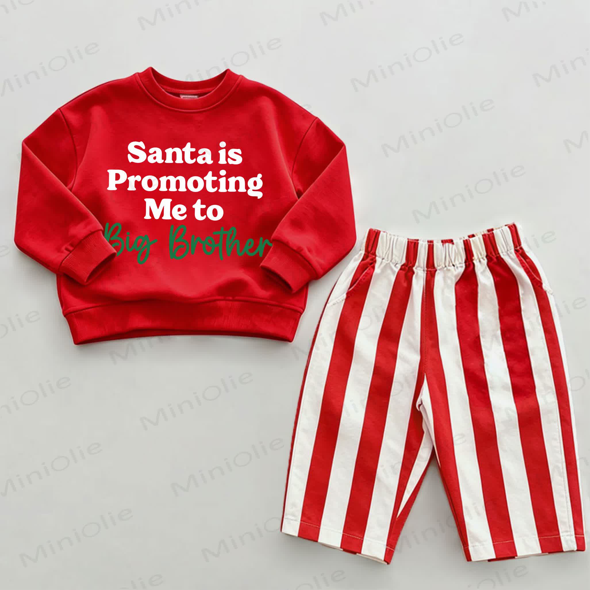 SANTA IS PROMOTING ME TO BIG BROTHERスウェットシャツとストライプパンツのツーピースセット - 白と赤 - 2～3歳 - image 1