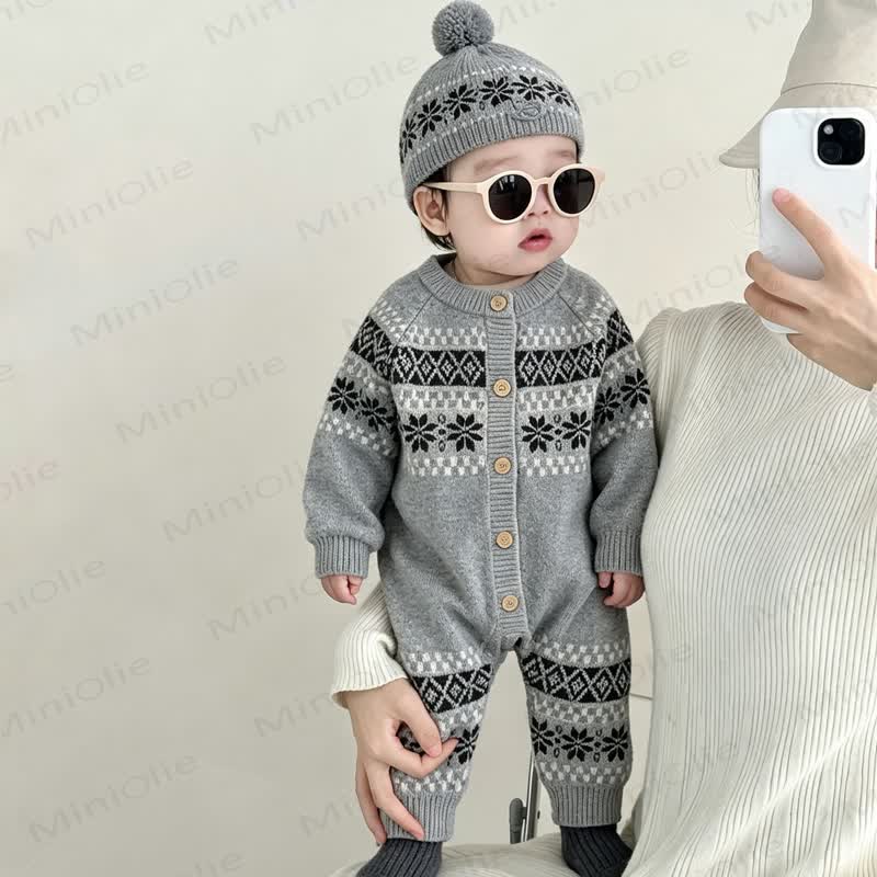 ベビー用ボタンフロントストライプロンパース（帽子付き） - image 3