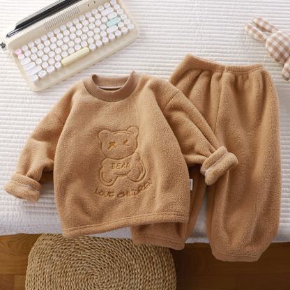 幼児用快適シェルパフリーストップス＆パンツ2点セットパジャマ - カーキ - 10-11歳 - image 4