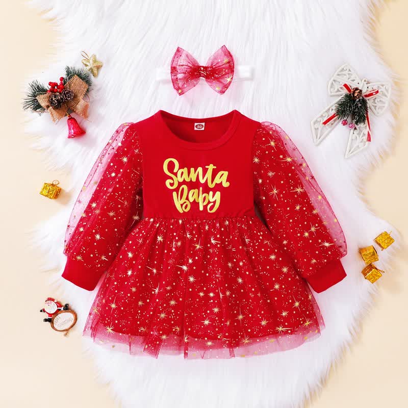 SANTA BABY幼児用女の子 赤い星柄チュールDressヘッドバンド付き - 赤 - 4-5Y - image 1