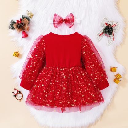 SANTA BABY幼児用女の子 赤い星柄チュールDressヘッドバンド付き - image 2