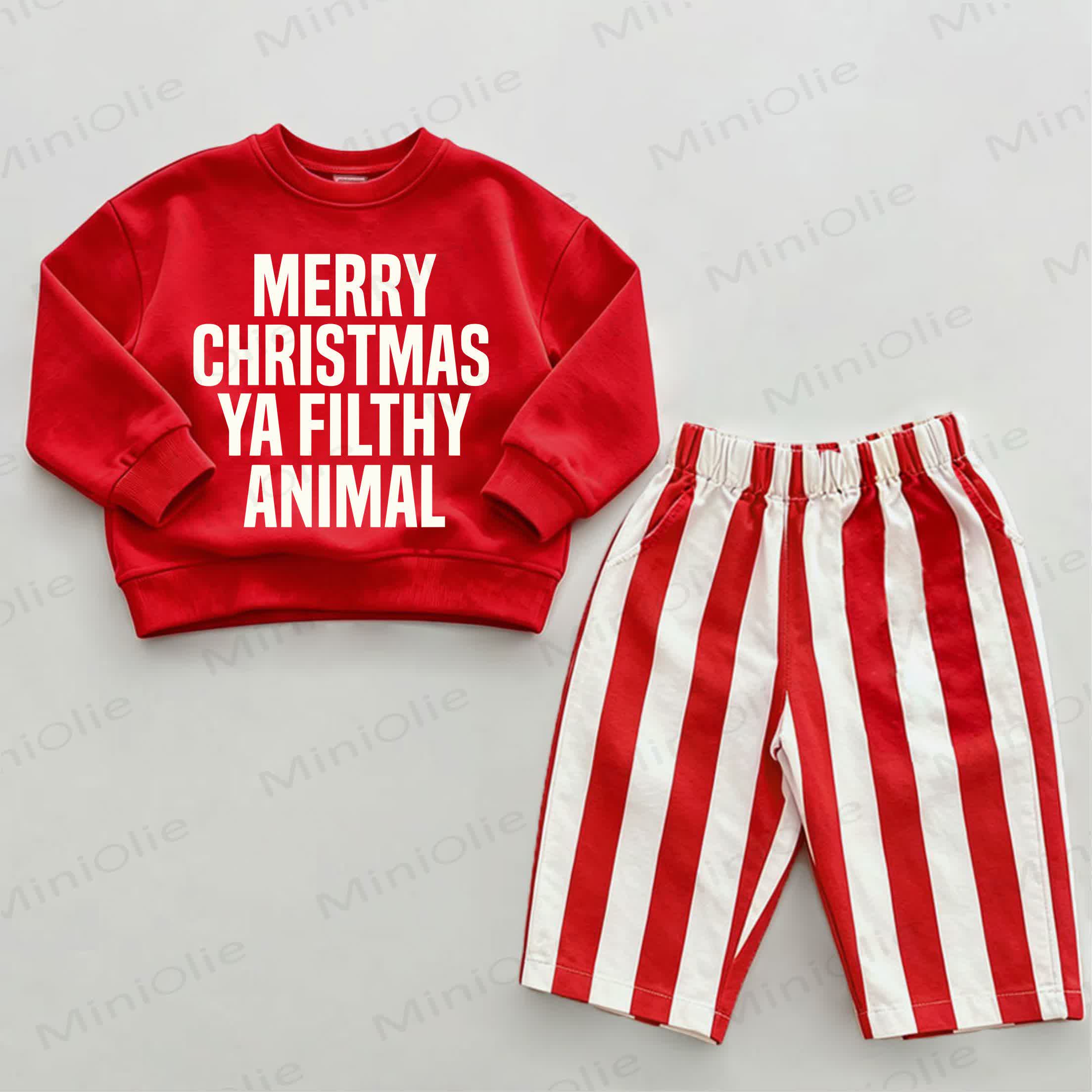 MERRY CHRISTMAS YA FILTHY ANIMAL！ベビーレッド縦ストライプ2点セット - 白と赤 - 2～3歳 - image 1