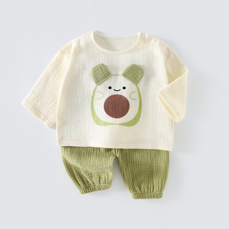 ベビー用カートゥーンアップリケガーゼ長袖2点セット - グリーンアボカド - 2～3歳 - image 7