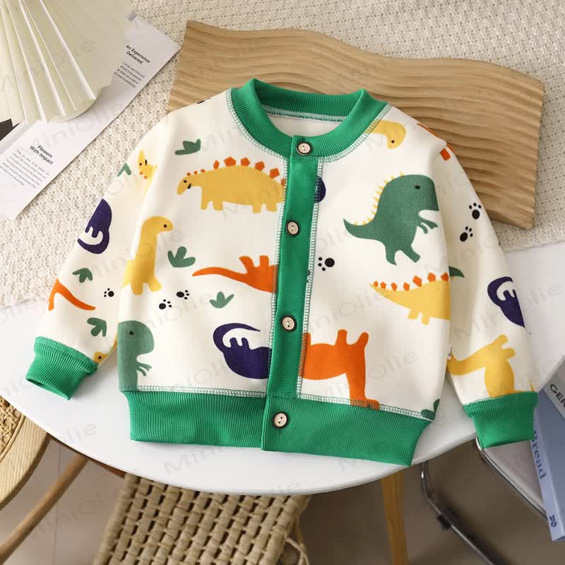 幼児向け遊び心のある柄のカーディガンセーターアウター - 緑の恐竜 - 8-9T - image 9