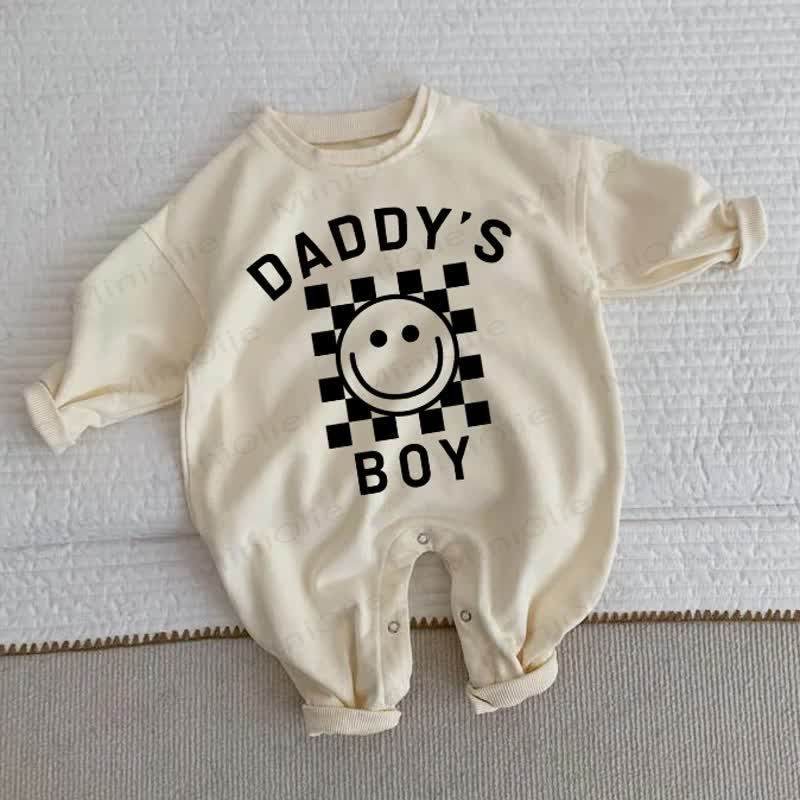 DADDY'S BOYの息子 ベビー ハッピーフェイス ブラックチェック ベージュ ロンパース - ベージュ - 2～3歳 - image 1