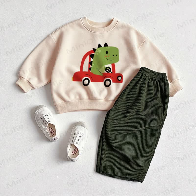 ベビー用恐竜カー柄スウェットシャツ＆パンツ2点セット - ベージュ＆グリーン - 2～3歳 - image 1