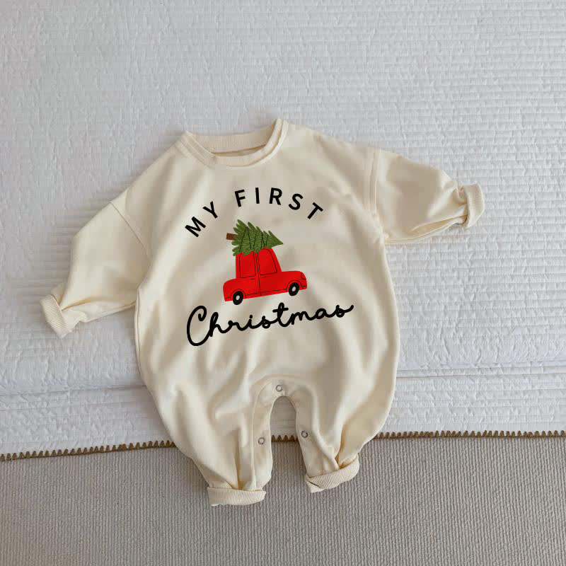 MY FIRST CHRISTMAS幼児用クリスマスツリー柄ベージュロンパース - ベージュ - 2～3歳 - image 1