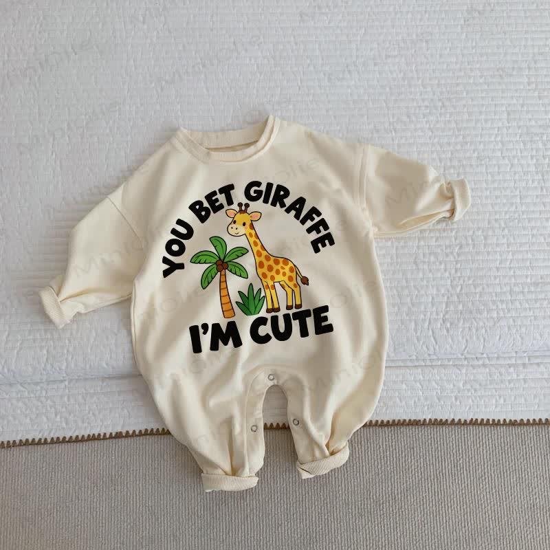 YOU BET GIRAFFE I'M CUTE！赤ちゃんキリン柄ベージュロンパース - ベージュ - 2～3歳 - image 1