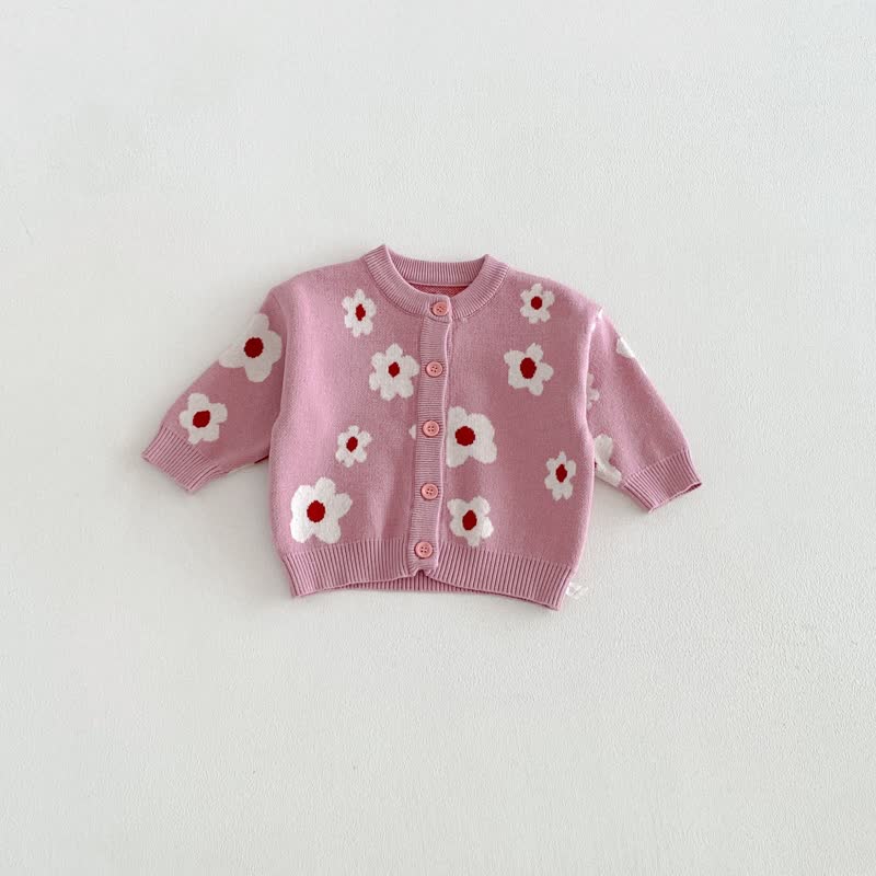 ベビー用花柄/動物柄ニットボタンカーディガン - ピンクの花 - 3～4歳 - image 2