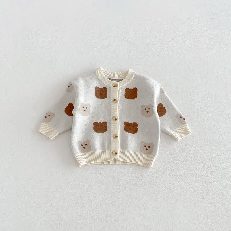 ベビー用花柄/動物柄ニットボタンカーディガン - ベージュベア - 3～4歳 - image 4