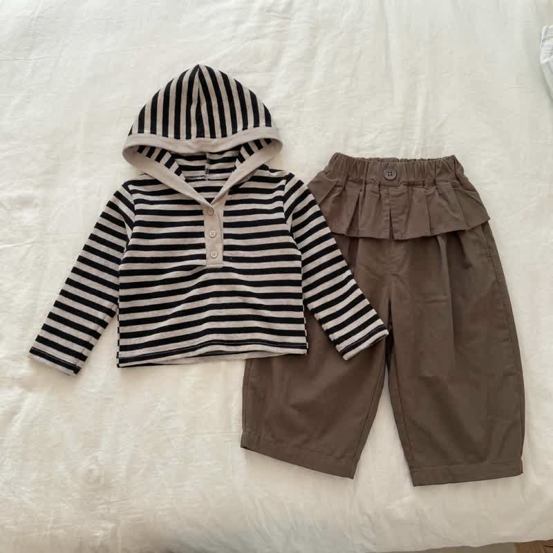 幼児用ストライプ柄フード付きトップスとフリルパンツのセット - ブラウンセット - 6.5-8T - image 1