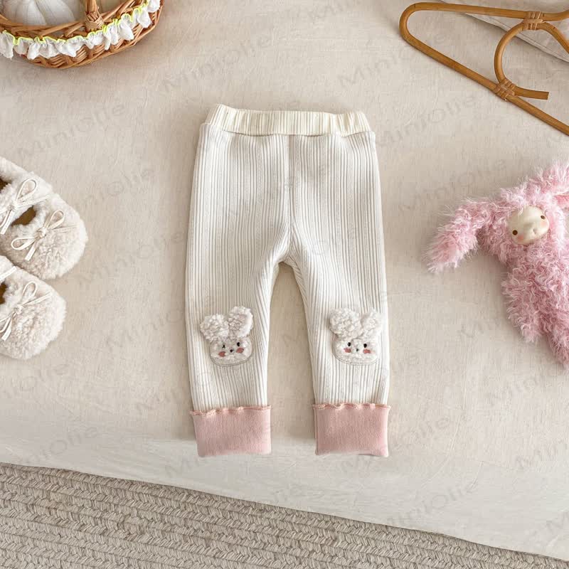 ベビーガール用うさぎ柄リブ編み折り返しカフレギンス - ベージュ - 4～5歳 - image 5