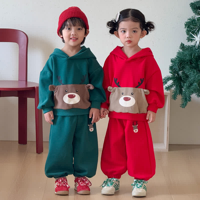 幼児用トナカイ柄ポケット付きフード付きスウェットシャツとパンツのセット - image 1