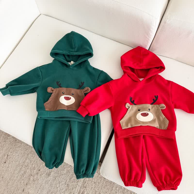 幼児用トナカイ柄ポケット付きフード付きスウェットシャツとパンツのセット - image 4