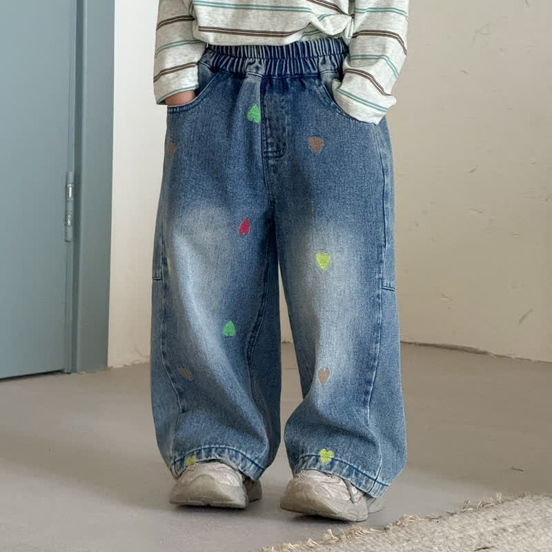 幼児用カラフルハートパッチ付きストレートレッグデニムパンツ - 青 - 10-11歳 - image 2