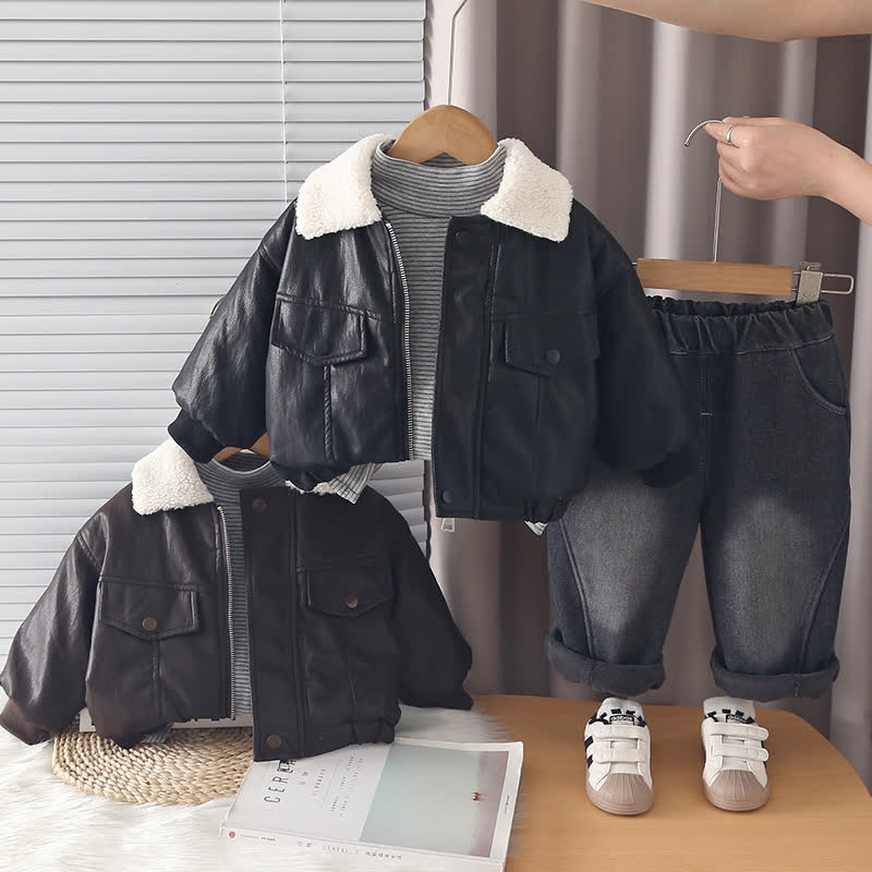 幼児用シェルパカラーフェイクレザージャケット＆パンツ3点セット - image 1