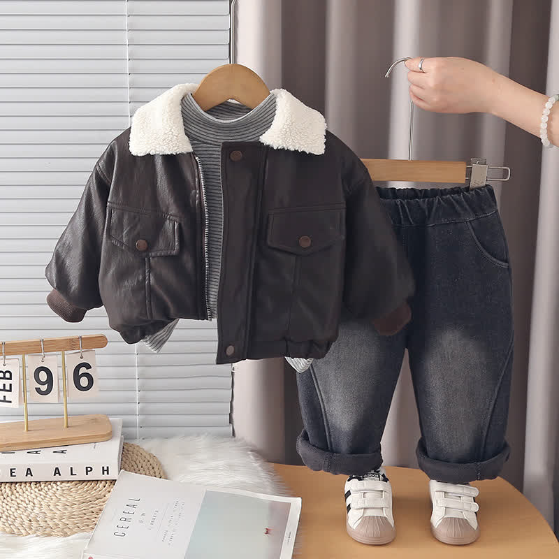 幼児用シェルパカラーフェイクレザージャケット＆パンツ3点セット - 茶色 - 4～5歳 - image 3