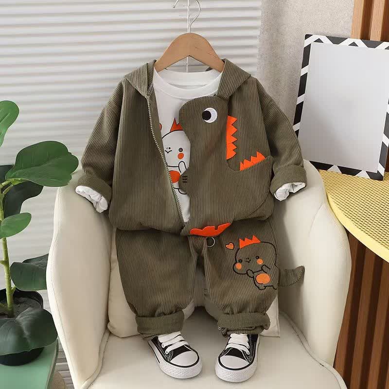 幼児用グリーン恐竜柄フード付きジャケット＆パンツ 2点セット - 緑 - 3～4歳 - image 1