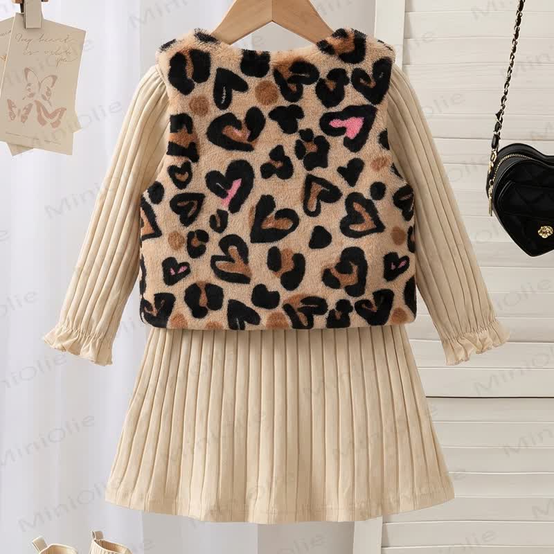 ベビー幼児用女の子向けレオパード柄ハートリボンベストとベージュリブDressのセット - image 5