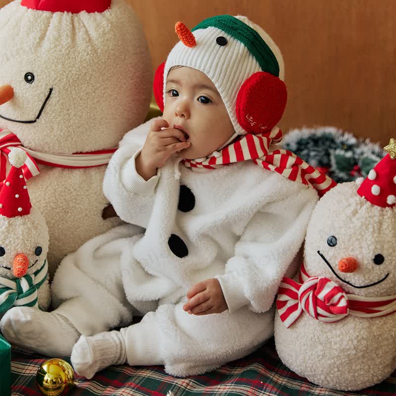 ベビー用フリース製スノーマン柄クリスマスロンパース（赤白ストライプのマフラーまたはスノーマンハット付き） - image 1