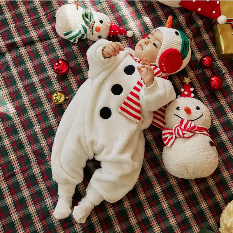 ベビー用フリース製スノーマン柄クリスマスロンパース（赤白ストライプのマフラーまたはスノーマンハット付き） - image 6