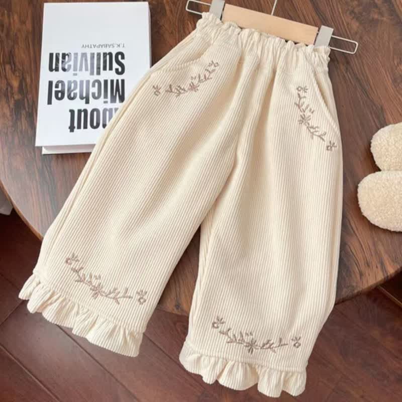 幼児用女の子向け花柄刺繍入りコーデュロイフリル裾パンツ - image 7