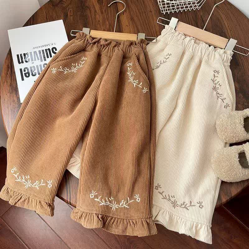 幼児用女の子向け花柄刺繍入りコーデュロイフリル裾パンツ - image 1