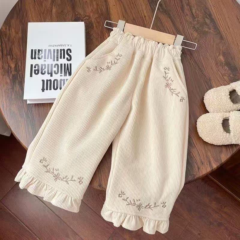 幼児用女の子向け花柄刺繍入りコーデュロイフリル裾パンツ - ベージュ - 8-9T - image 2