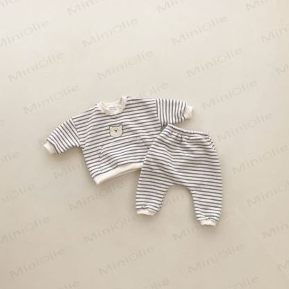 ベビー刺繍ベア2ピースロンパースセット - ストライプベア - 2～3歳 - image 3