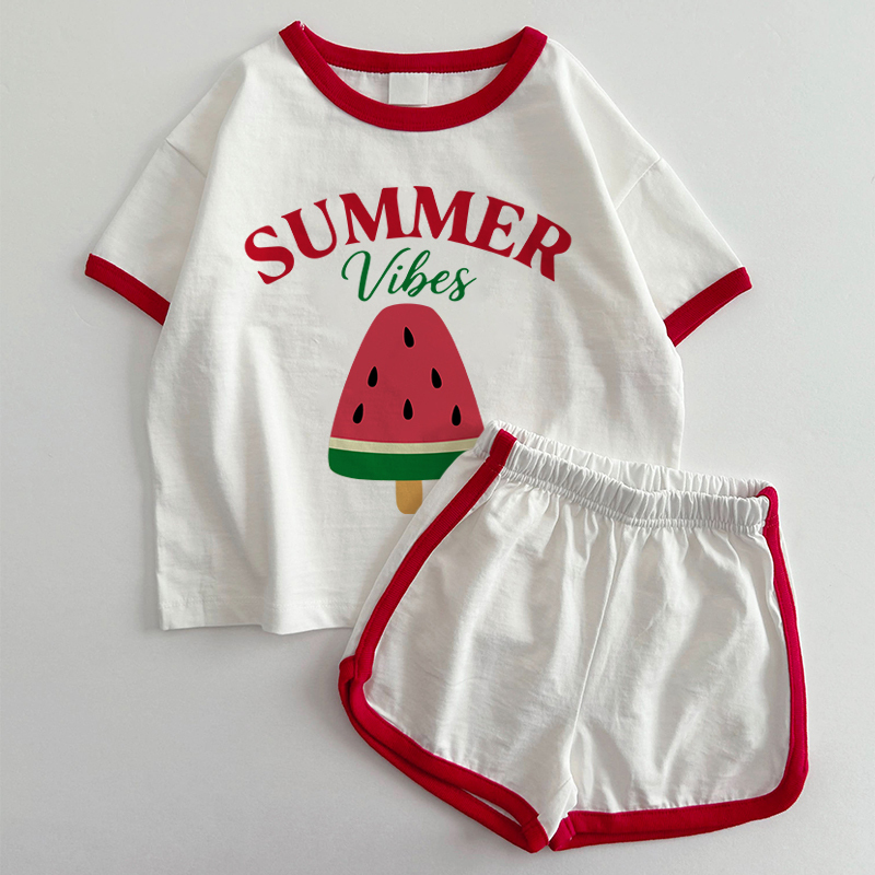 SUMMER VIBESベビーアイスクリームTシャツ＆ショートパンツ 2点セット - 白と赤 - 3～5歳 - image 1