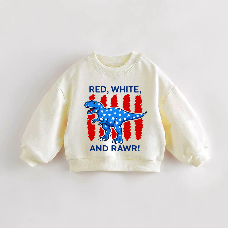 RED, WHITE, AND RAWR!赤ちゃん幼児用咆哮する恐竜クリームスウェットシャツ - クリーム - 3～5歳 - image 1