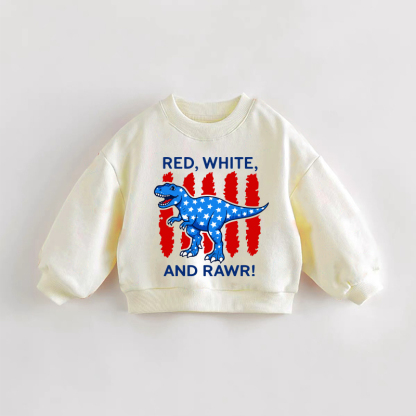 RED, WHITE, AND RAWR!赤ちゃん幼児用咆哮する恐竜クリームスウェットシャツ - クリーム - 3～5歳 - image 1