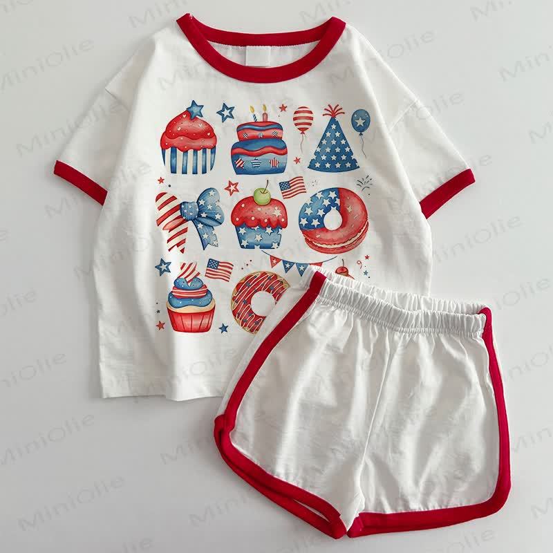 ベビー用独立記念日ケーキ柄Tシャツ＆ショートパンツ2点セット - 白と赤 - 3～5歳 - image 1