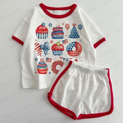 ベビー用独立記念日ケーキ柄Tシャツ＆ショートパンツ2点セット - 白と赤 - 3～5歳 - image 1