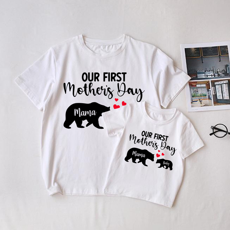 初めての母の日 ファミリー ママ＆ベビー ゾウ柄お揃いTシャツ - 白 - 大人用Tシャツ: XL - image 1